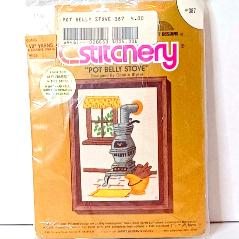 VINTAGE CROSS STITCH KIT "POT BELLY STOVE" 1990 SUNSET DESIGN